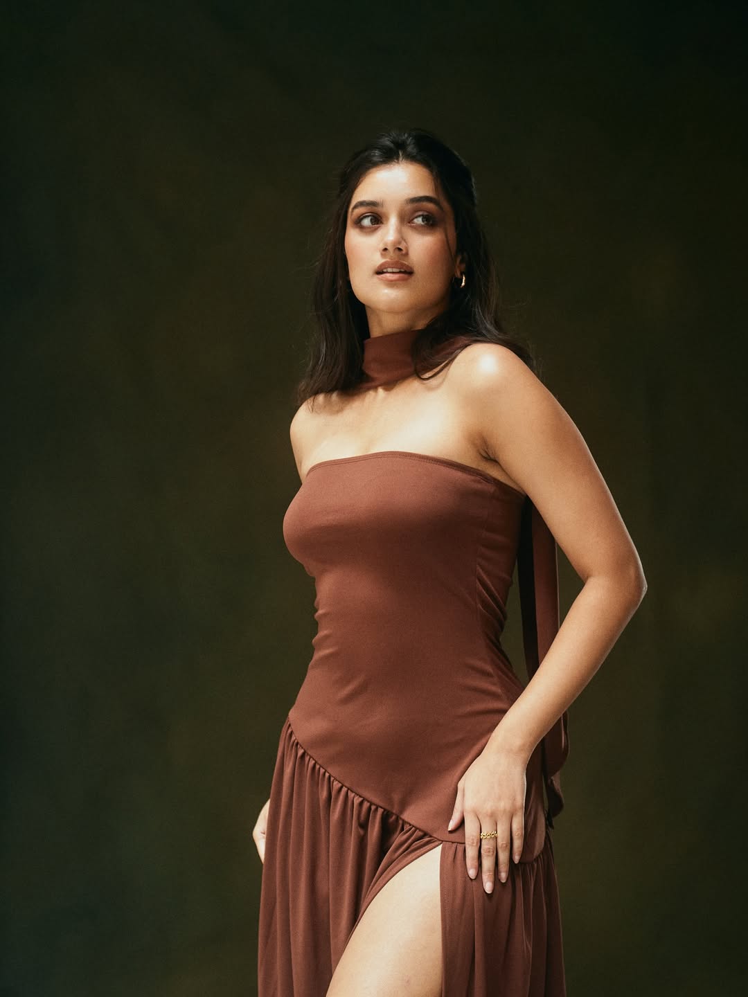 Bhagyashri Borse hot look in Brown color Offshoulder Slit Gown