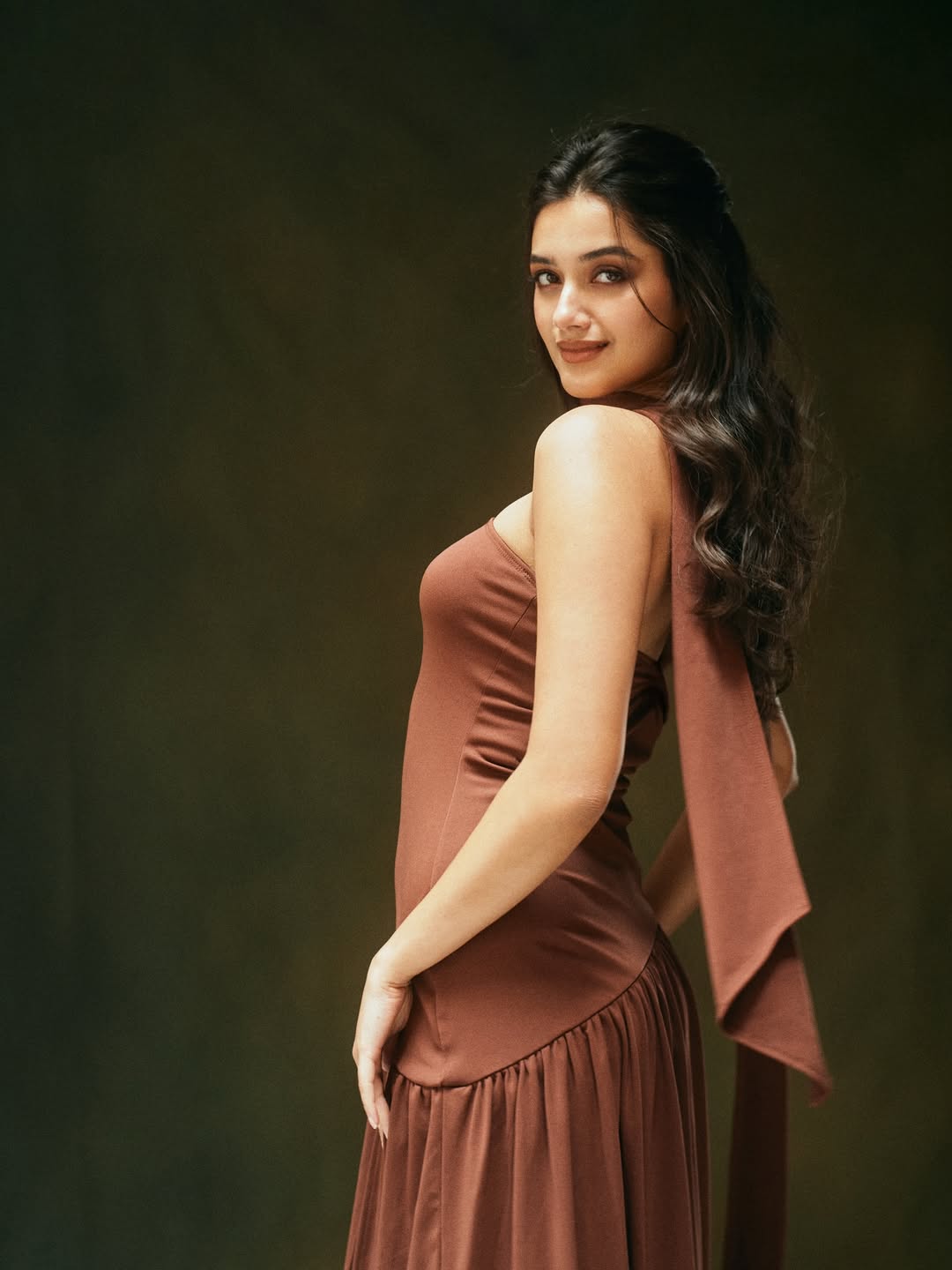 Bhagyashri Borse hot look in Brown color Offshoulder Slit Gown