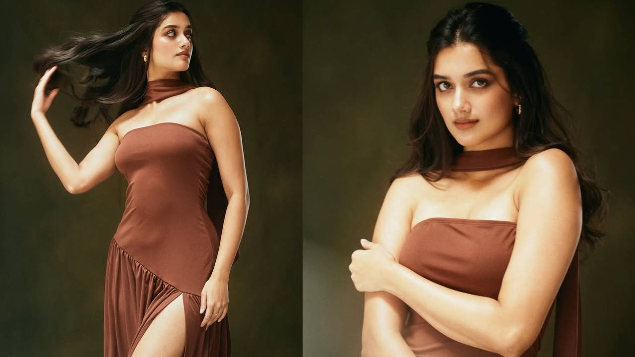 Bhagyashri Borse hot look in Brown color Offshoulder Slit Gown
