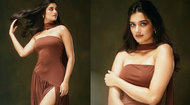 Bhagyashri Borse hot look in Brown color Offshoulder Slit Gown