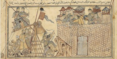 Sultan Mahmud and his forces attacking the fortress of Zaranj in 1003 CE. Jami al-Tawarikh, 1314 CE.