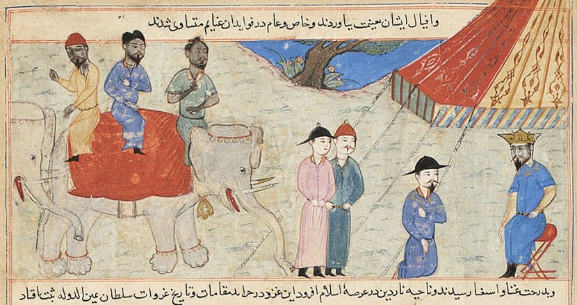 Mahmud of Ghazni receiving Indian elephants as tribute (Majmu al-Tawarikh, by Hafiz-i Abru, Herat,