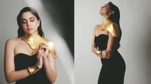 sharvari wagh black gown and gloden jwellery look