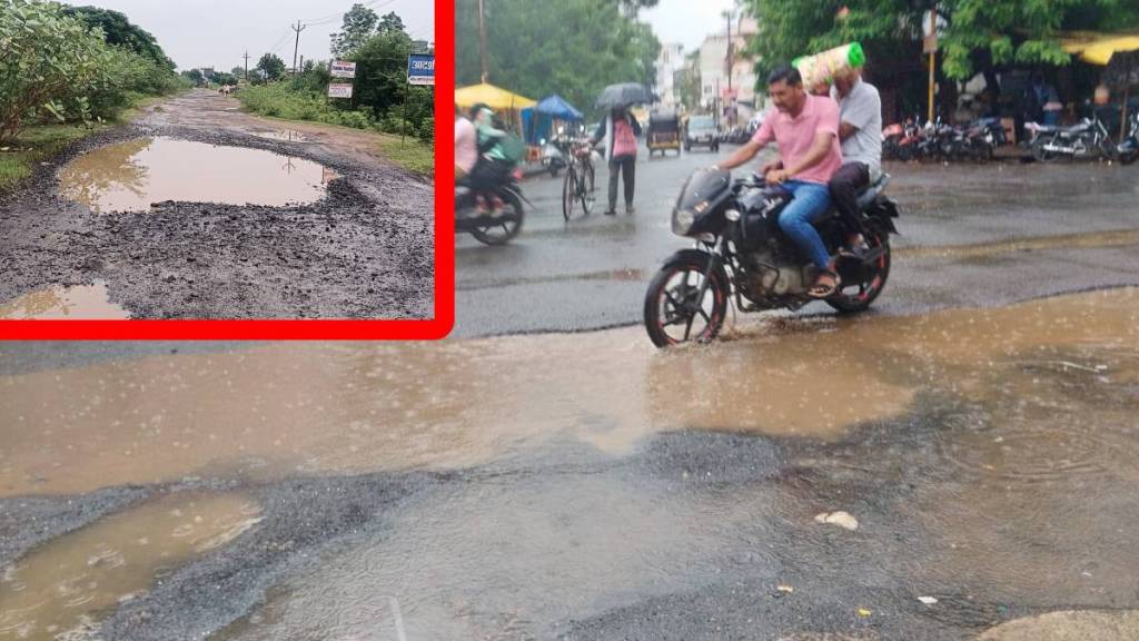 Chandrapur road repair, potholes Chandrapur, Mahatma Gandhi road damage, BJP pothole protest, RSS, public infrastructure issues,