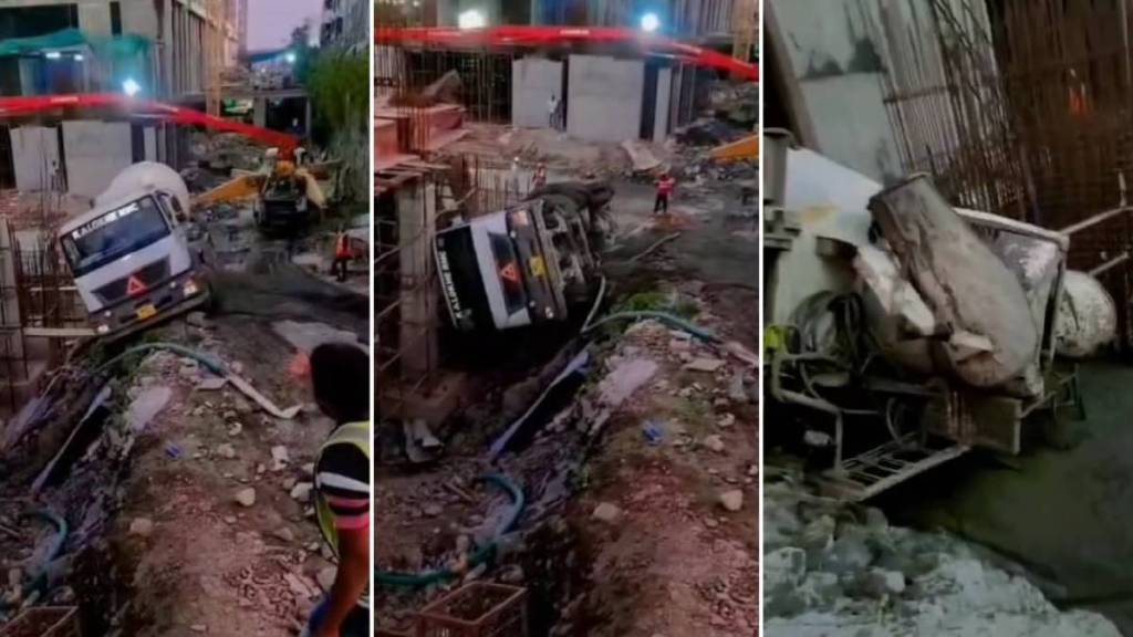 cement mixer overturned at construction site no one injured