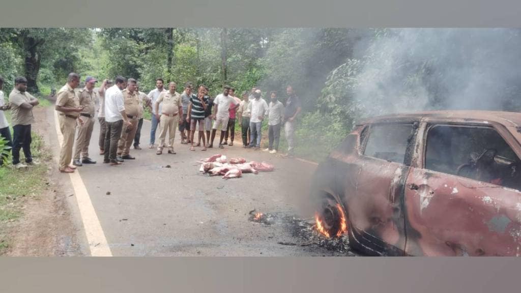 car set fire tilari ghat on Belgaum dodamarg goa road beef transport