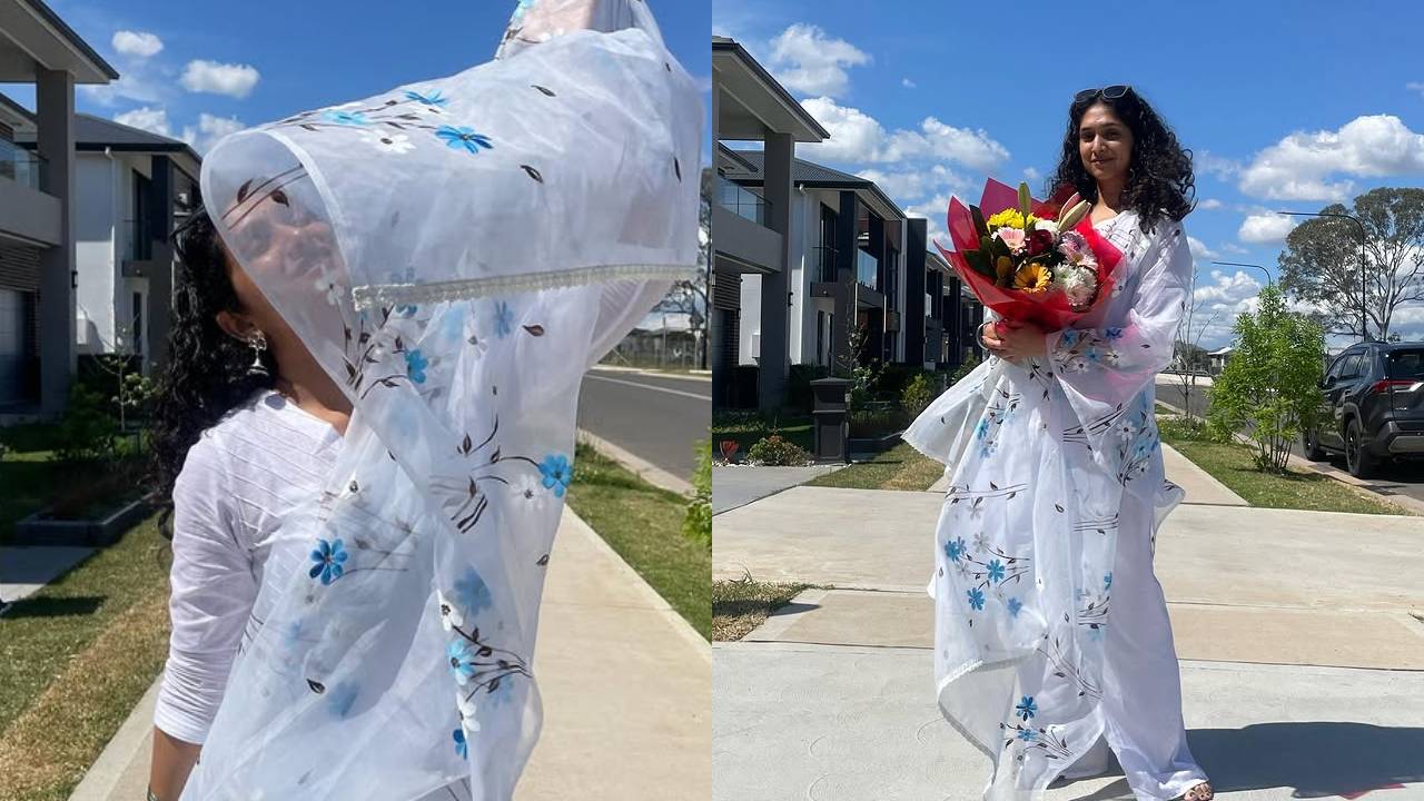 Priyadarshini Indalkar Playing with beautiful Odhani in Sidney vacation white dress looka
