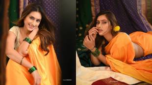 Reshma Shinde in orange color saree beautiful look