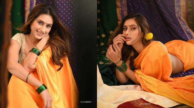 Reshma Shinde in orange color saree beautiful look