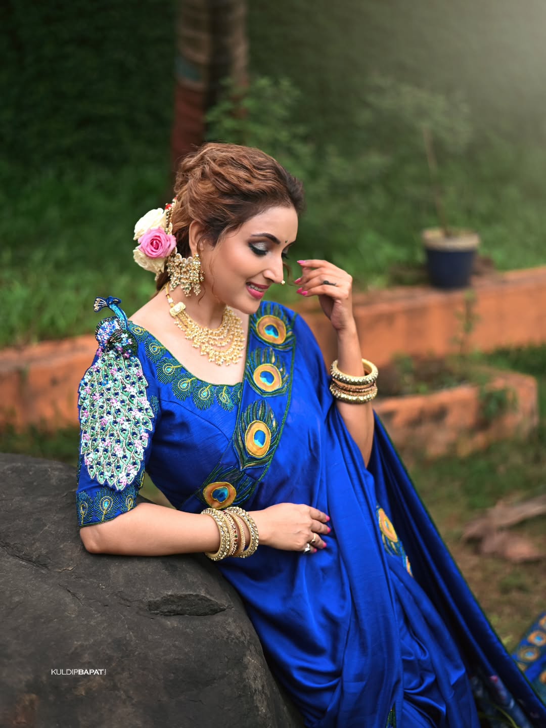 Rupali Bhosle Blue Saree Peacock Blouse Look