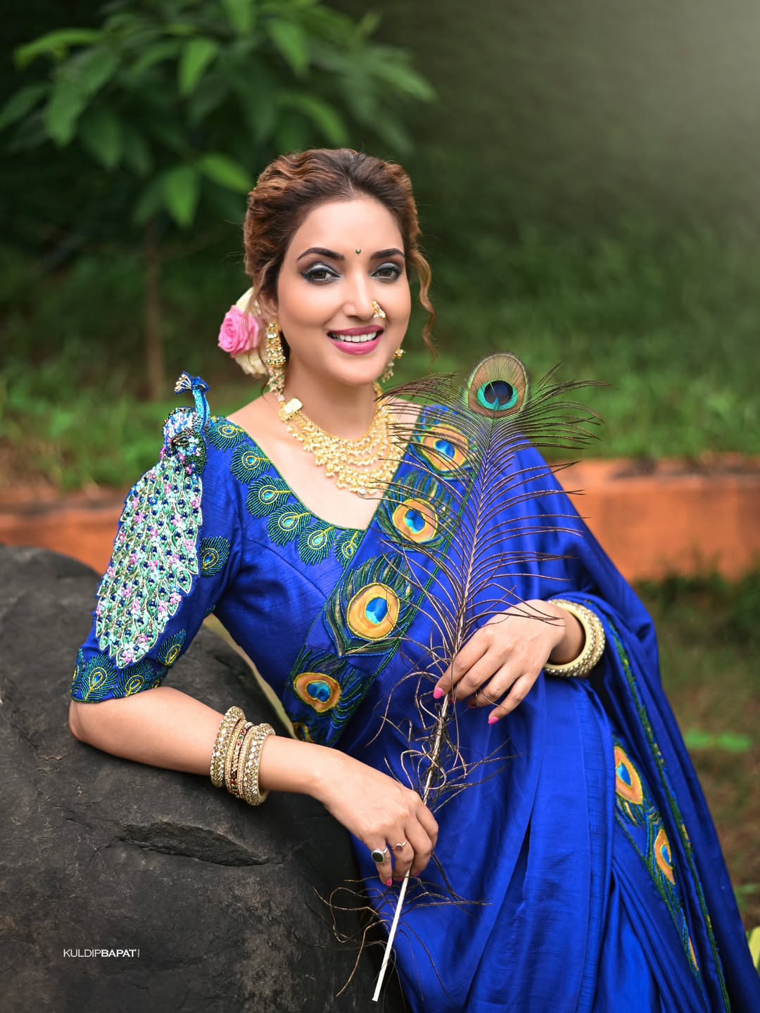Rupali Bhosle Blue Saree Peacock Blouse Look