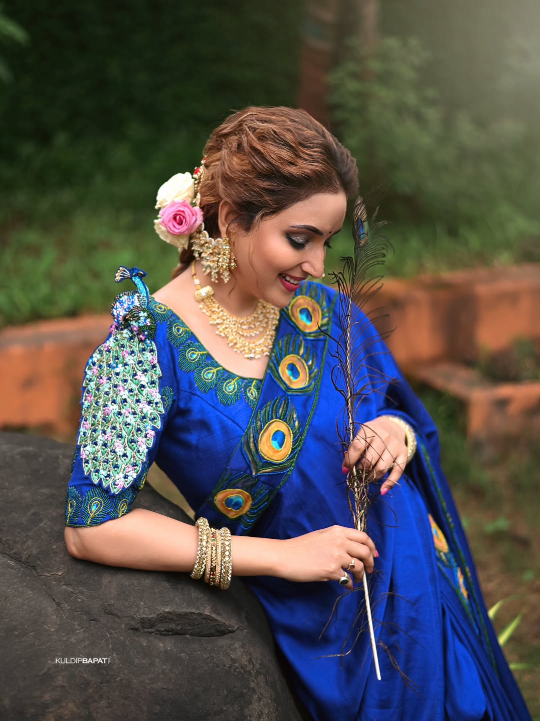 Rupali Bhosle Blue Saree Peacock Blouse Look