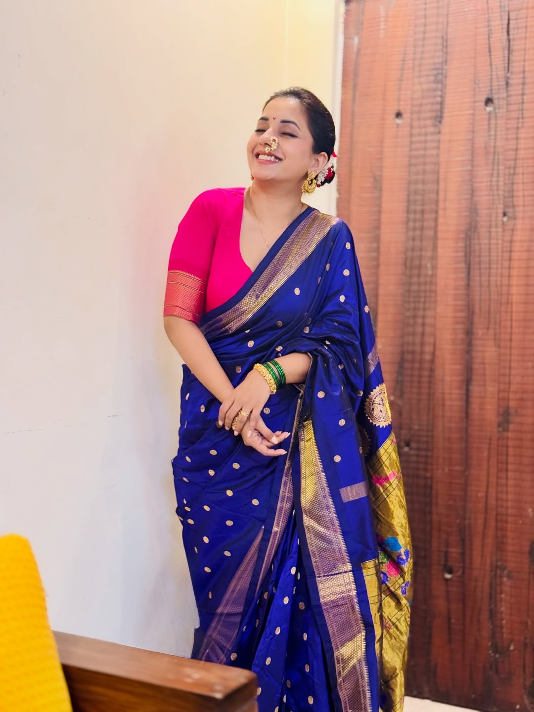 Sayali Sanjeev Blue Paithani Saree Look