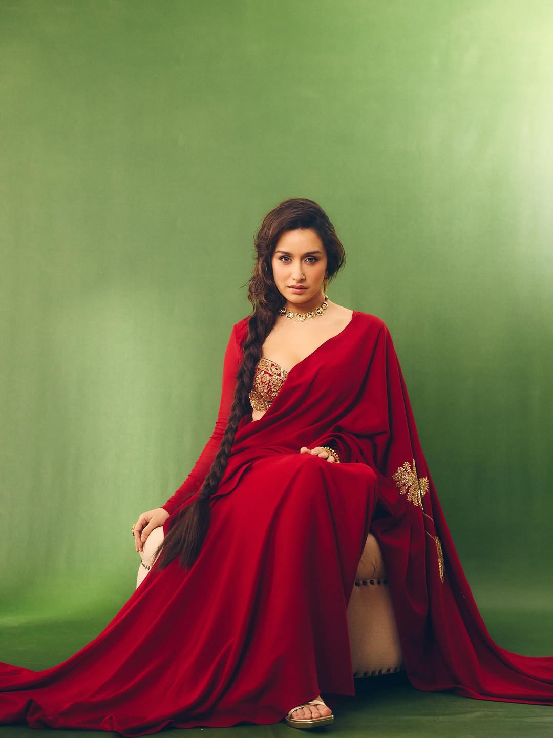 Stree 2 actress shraddha Kapoor at thama trailer release event in red saree stree look
