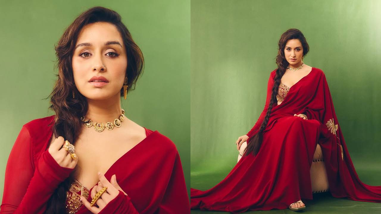 Stree 2 actress shraddha Kapoor at thama trailer release event in red saree stree look