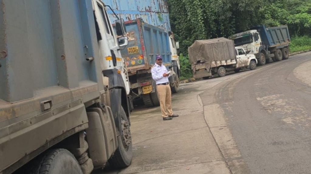 Traffic police penalize 30 dumpers Ghodbunder village blocking roads sand transport
