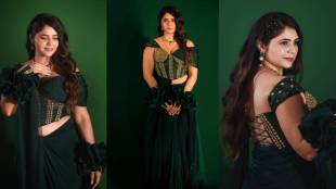 Veena jagtap stylish photoshoot in green saree