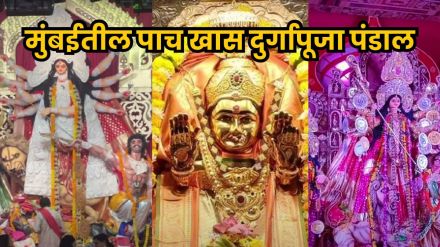 Grand Durga Pooja pandal in Mumbai decorated with lights