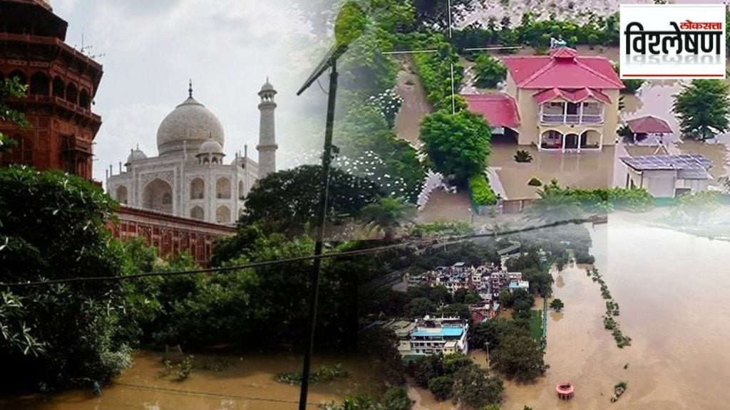Yamuna floodwater farmhouses swimming pools banquet halls and manicured lawns underwater