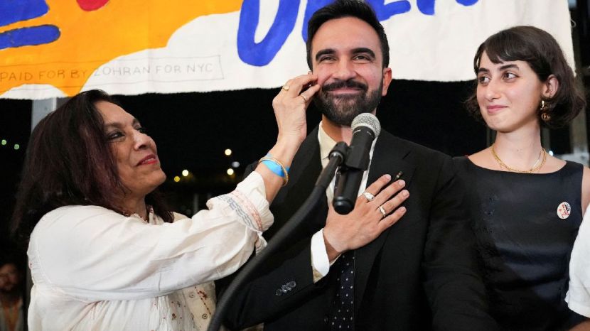 Zohran Mamdani next to his mother Mira Nair and wife Rama Duwaji