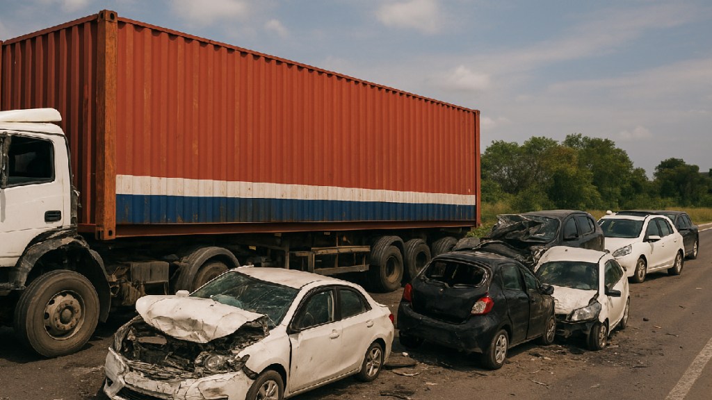 Seven vehicles damaged in accident with speeding container Ahilyanagar