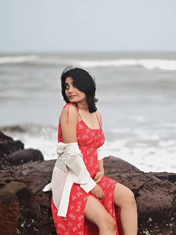 criminal justice actress khushboo atre beach photoshoot wearing red midi dress