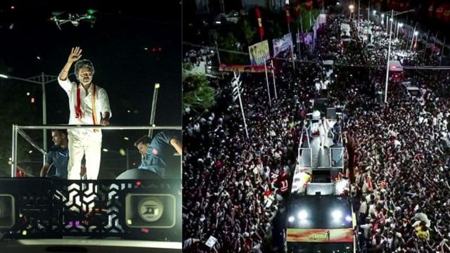 TVK (Tamilaga Vettri Kazhagam) chief and actor Vijay addresses gathering before stampede during a public event, in Karur on Saturday (TVK/ANI Photo)