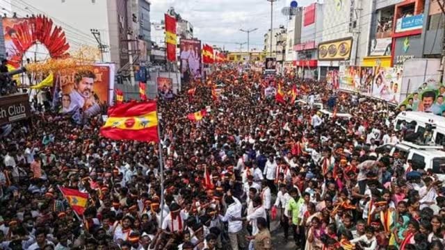 Vijay Rally Stampede: People gather for a rally of Tamilaga Vettri Kazhagam (TVK) President and actor Vijay, in Namakkal district, Tamil Nadu, Saturday, (PTI Photo)
