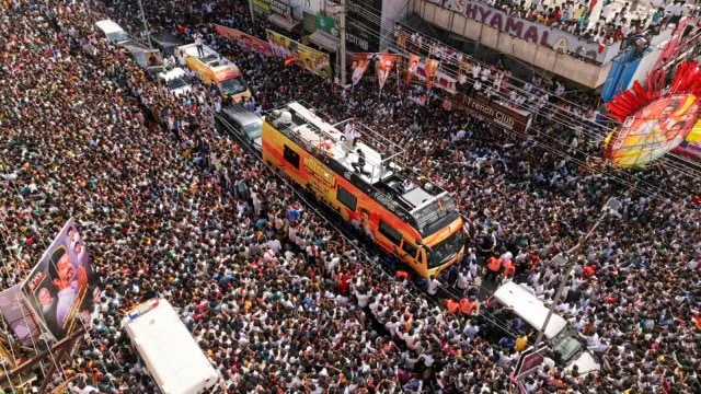 At the rally of Tamilaga Vettri Kazhagam president and actor Vijay in Namakkal district, Tamil Nadu, Saturday. (PTI)