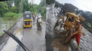 kalyan symbolic protest using karna chariot image shahapur sapgaon Nhai road potholes