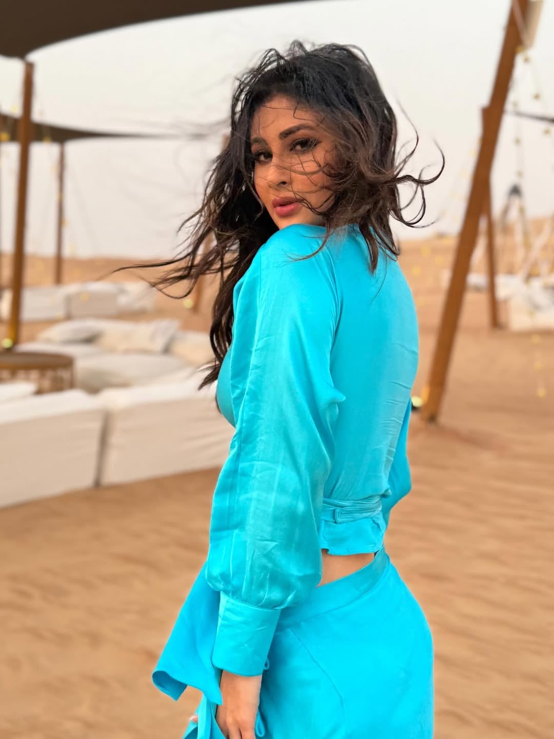 mouni roy hot blue dress dubai vacation look