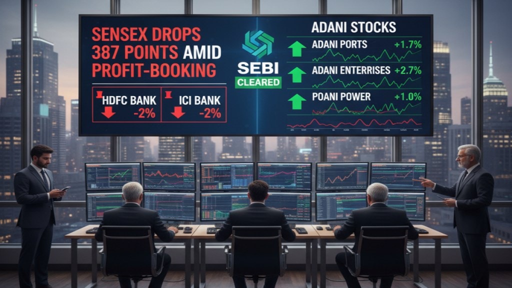 sensex falls Profit Booking HDFC ICICI adani stocks surge sebi clearance