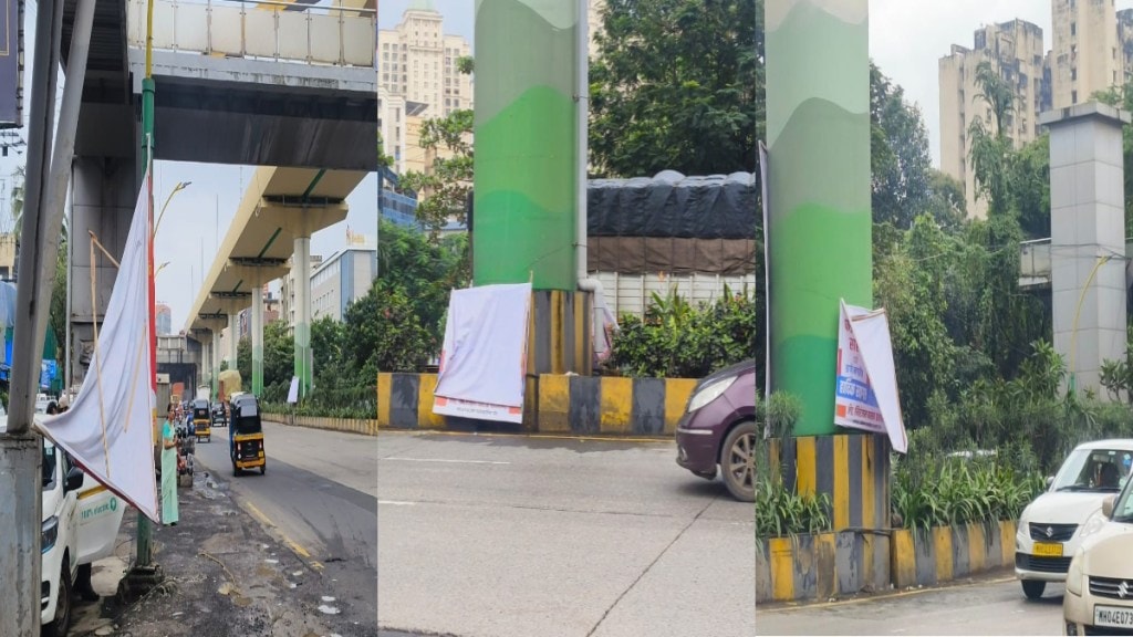 thane metro trial political banners on ghodbunder road danger