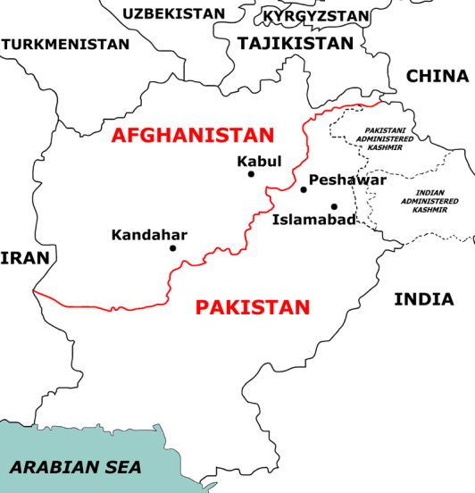 Afghanistan-Pakistan border in red (Weaveravel-Wikipedia)