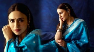 Amruta Khanvilkar Blue Saree Look