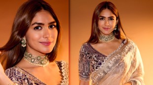 Mrunal Thakur Golden Saree Look