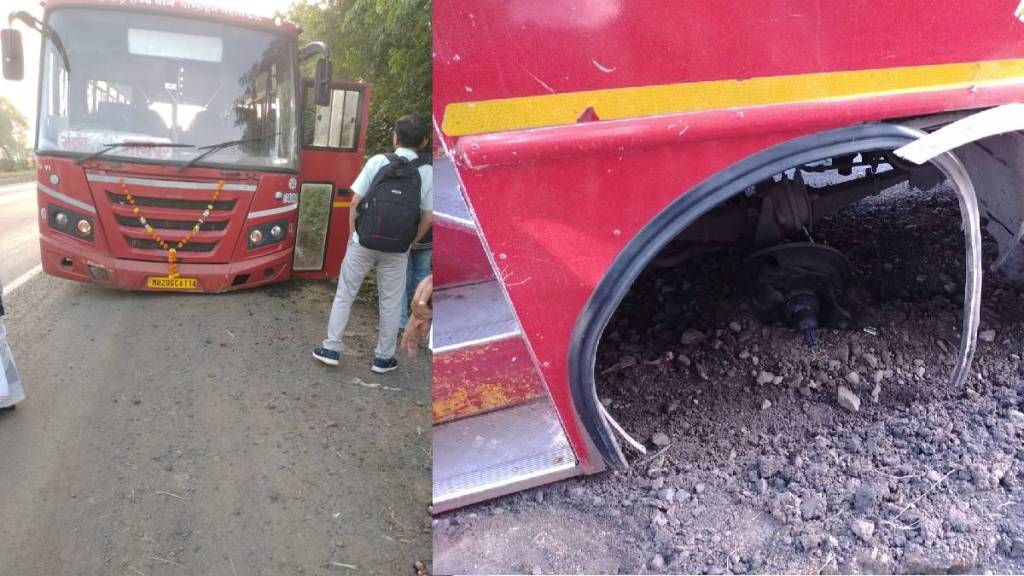 Passengers narrowly escape after a wheel of a bus at Bhandara depot comes off