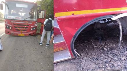 Passengers narrowly escape after a wheel of a bus at Bhandara depot comes off Passengers narrowly escape after a wheel of a bus at Bhandara depot comes off