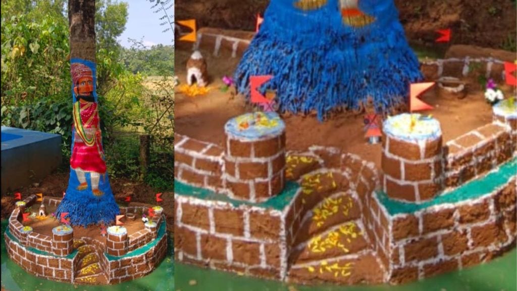 Sawantwadi shiroda girls create Shivaji art on tree trunk eco friendly art initiative