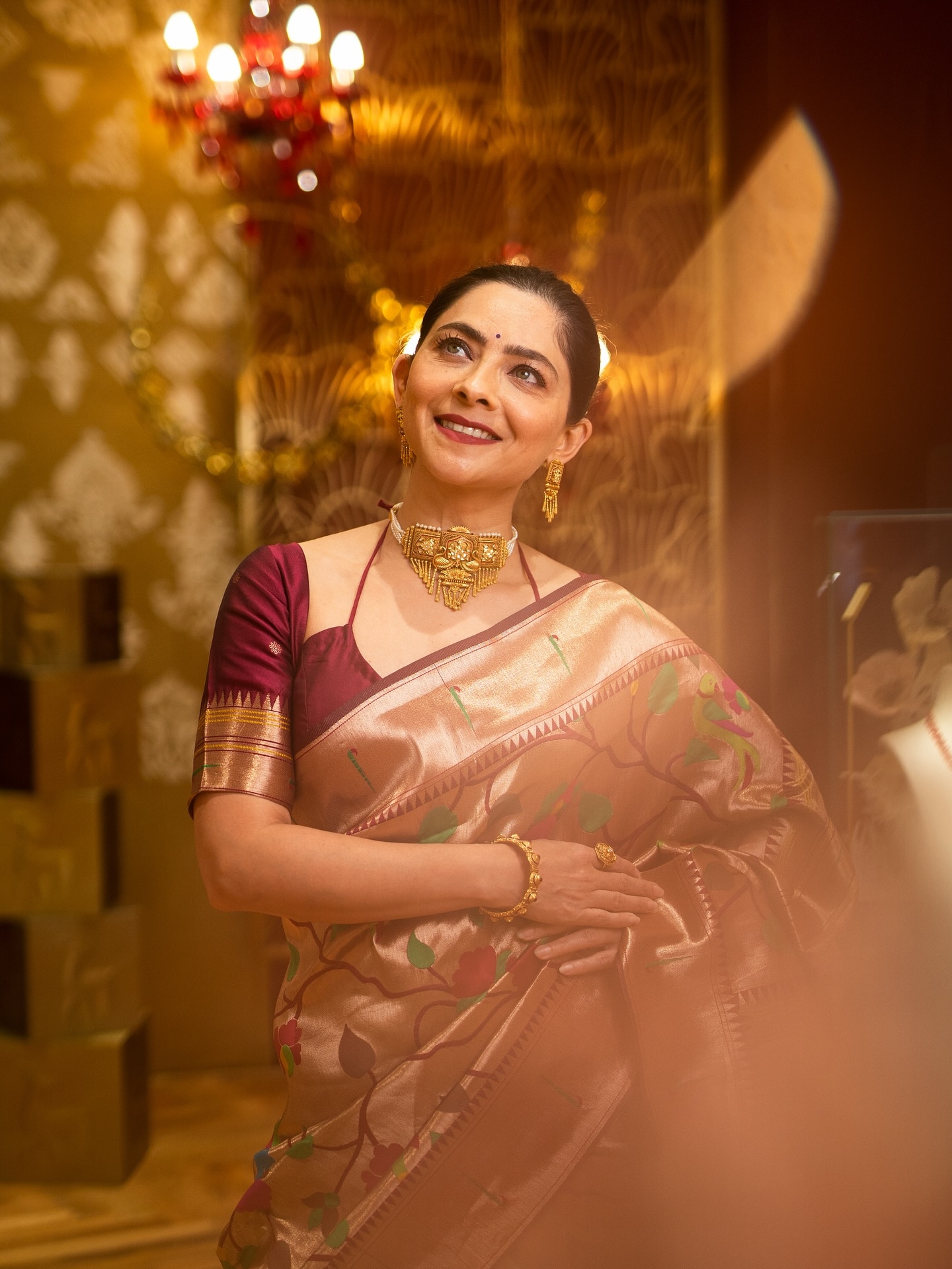 Sonalee Kulkarni Golden Muniya Paithani Saree