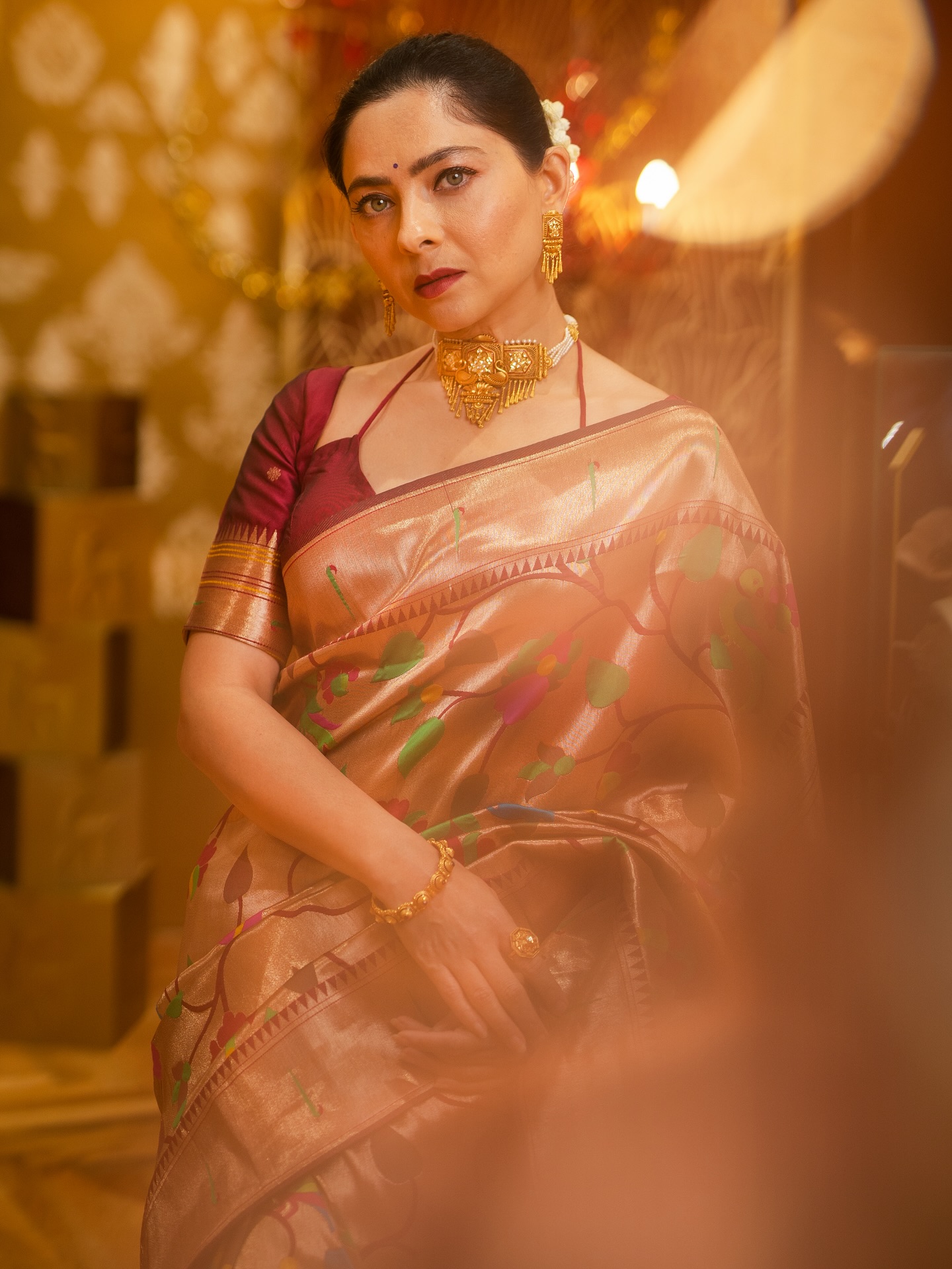 Sonalee Kulkarni Golden Muniya Paithani Saree