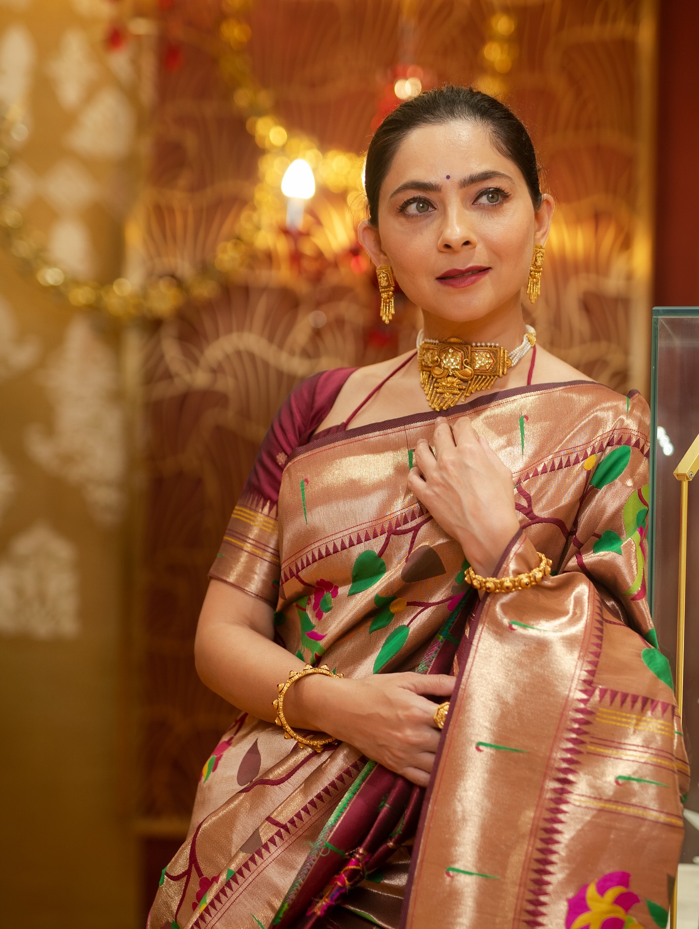 Sonalee Kulkarni Golden Muniya Paithani Saree