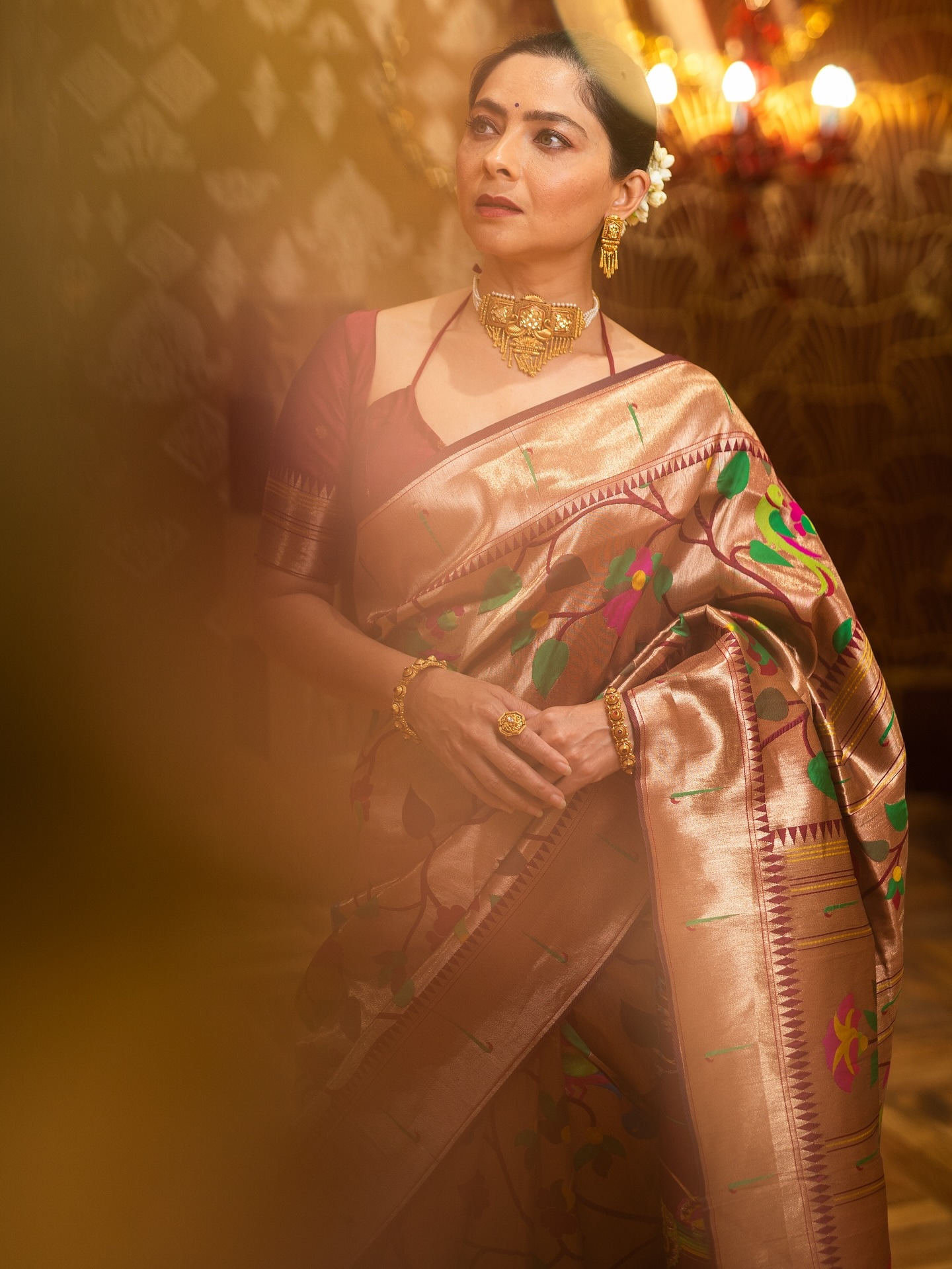 Sonalee Kulkarni Golden Muniya Paithani Saree