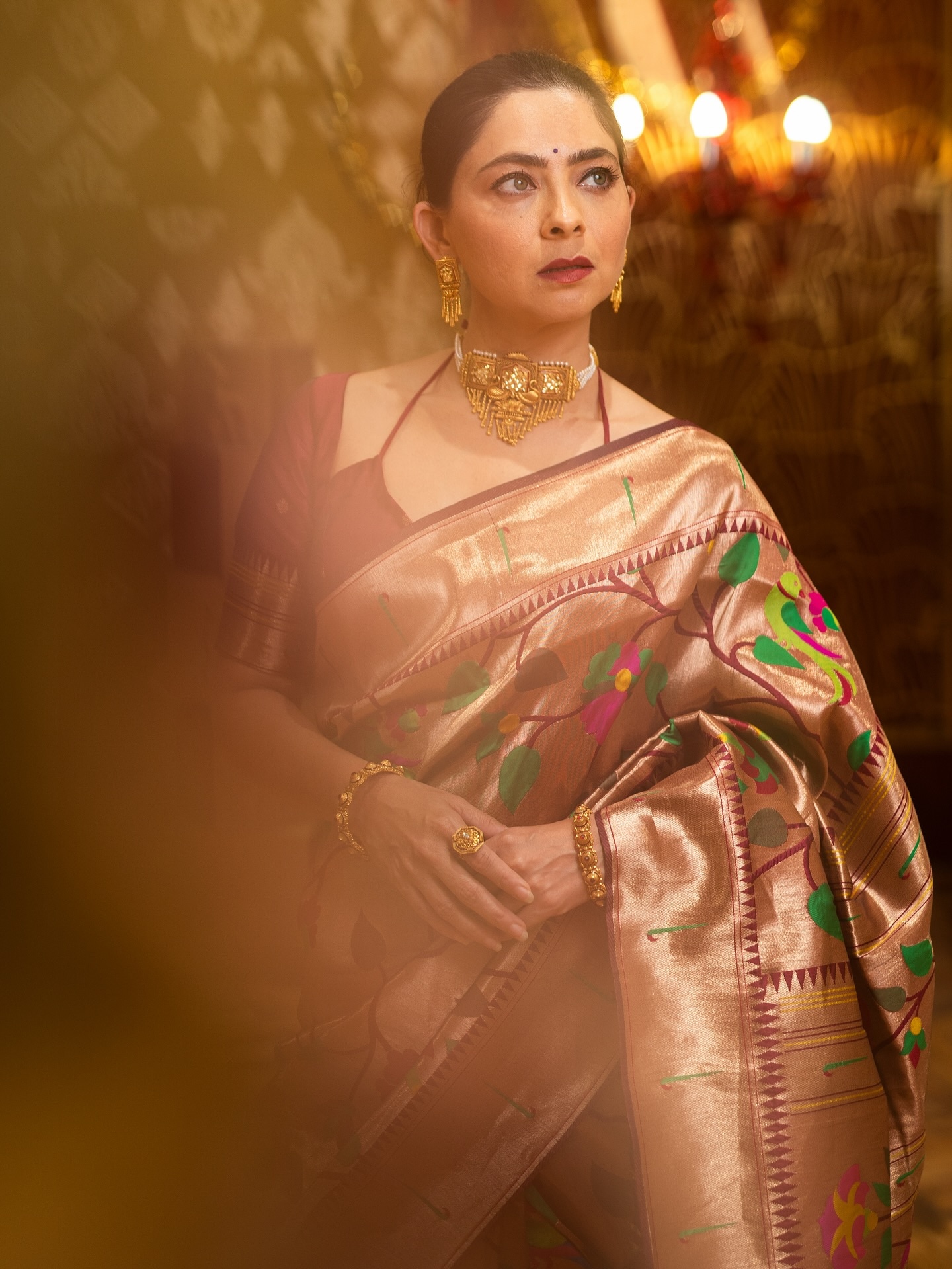 Sonalee Kulkarni Golden Muniya Paithani Saree