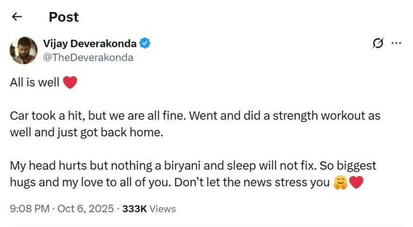 Vijay Deverakonda reacts on car accident