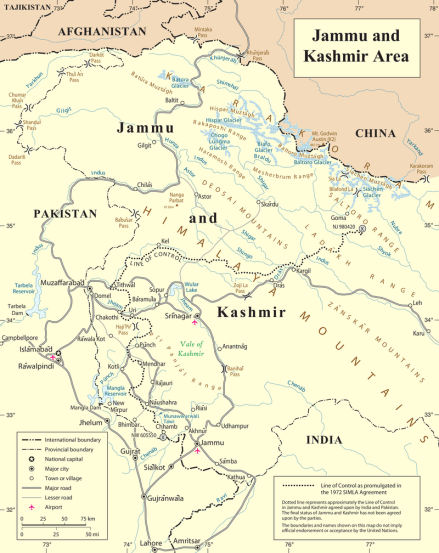 The Line of Control between India and Pakistan agreed in the Simla Agreement (UN Map)