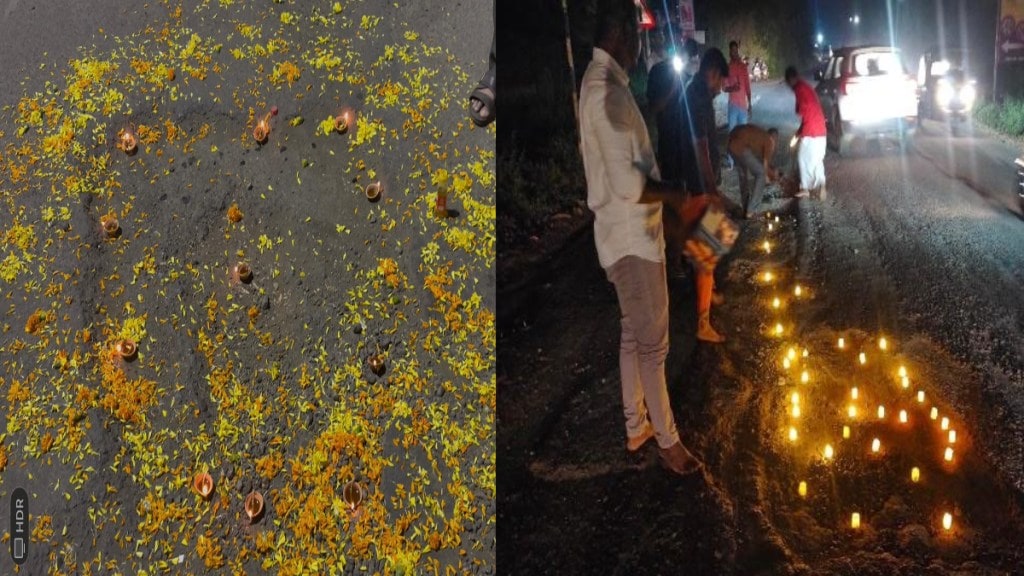 vasai BVA Activists Potholes Challenge VVMC Bad Roads Diwali Lamps Protest