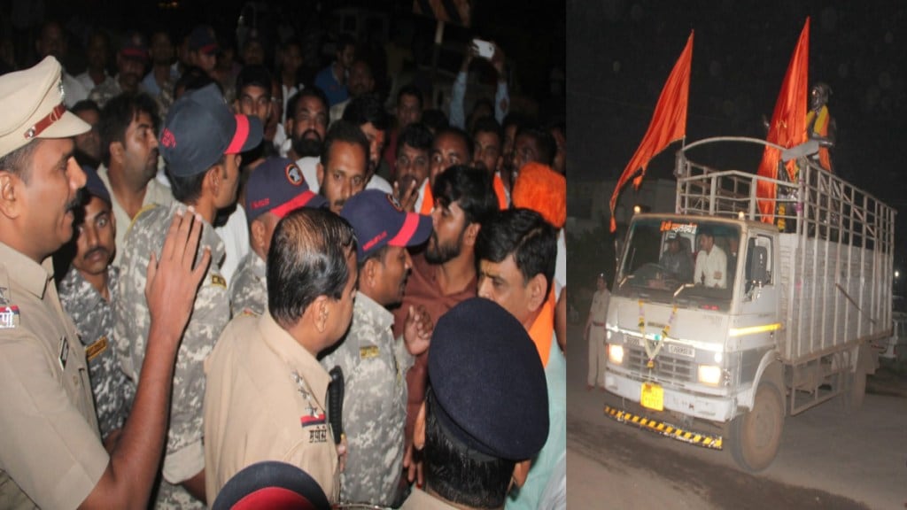 Chhatrapati Shivaji Maharaj Statue Stopped Sangli Ashta Police Block Transport Code of Conduct Controversy Shivbhakta Gathered Chhatrapati Shivaji Maharaj Statue Stopped Sangli Ashta Police Block Transport Code of Conduct Controversy Shivbhakta Gathered