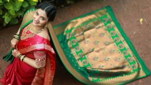 Tejashri Pradhan in red-green Maharashtrian bridal look.