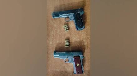 police seized two village pistols and eight live cartridges from suspect police seized two village pistols and eight live cartridges from suspect